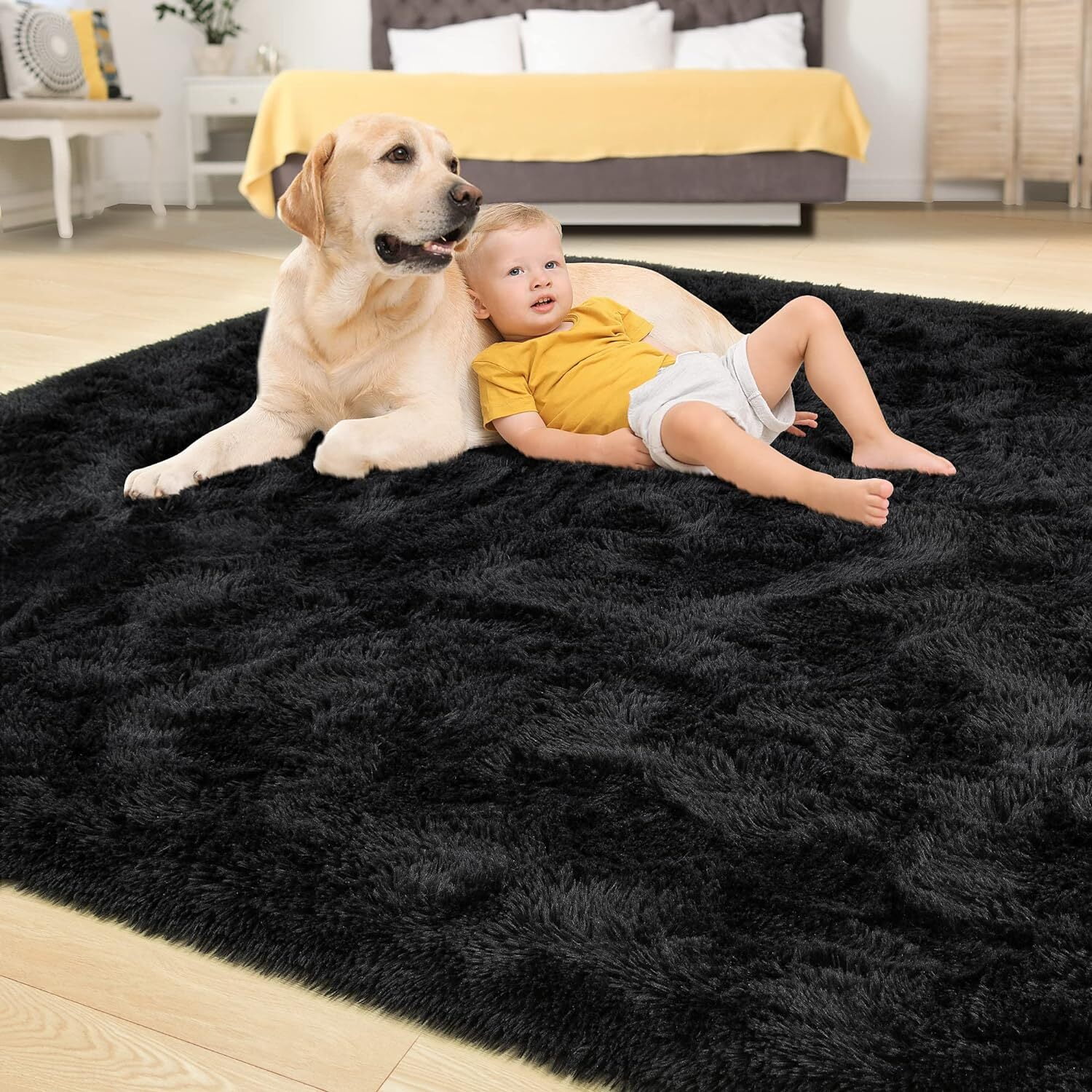 Dwelke Shaggy Area Rug 9x12ft Rugs, Large Plush Carpet for Living Room Bedroom,Black