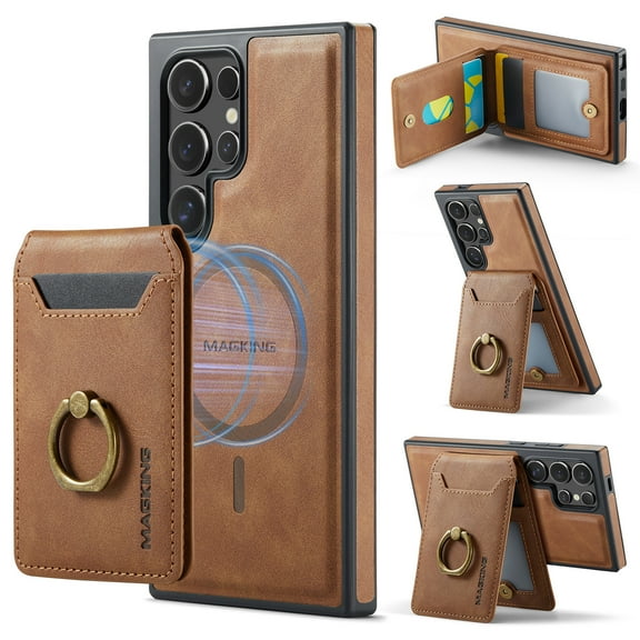 2 in 1 Function Detachable Magnetic Phone Cases Compatible with Samsung Galaxy S25 Ultra Case with Card Holder Ring, Compatible with Magsafe Wallet, Slim Fit PU Leather Men RFID Blocking, Brown