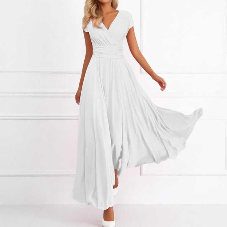 Jtieacloth Womens Casual Dresses Summer V Neck Short Sleeve Fitted Waistline Dress Flowy Boho Beach Vacation Dress,White, Women's, Size: XL