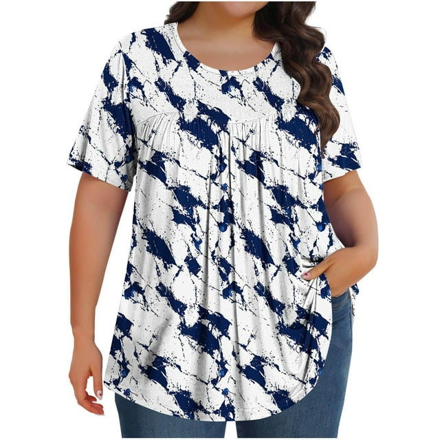 Pisexur Hauts de Printemps pour Femmes Blouses pour Femmes Décontractées Mode Féminine Imprimé Col Rond Manches Courtes Plissé Ample Multicolore,L