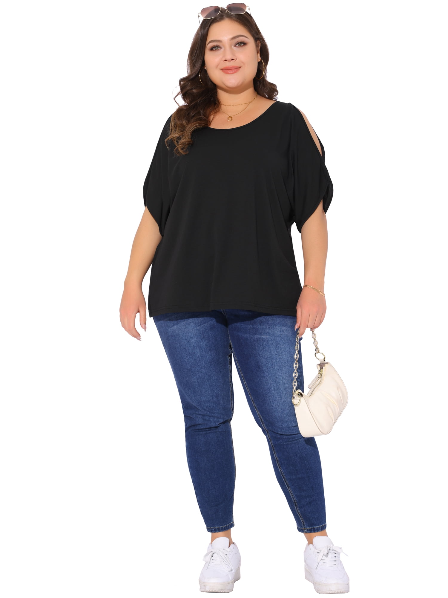 DARING DIVA Women's Plus Casual Crew Neck Cold Shoulder Summer Blouse 2X Black