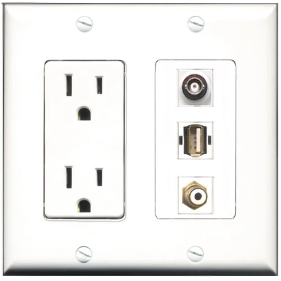 RiteAV - 15 Amp Power Outlet 1 Port RCA White 1 Port USB A-A 1 Port BNC Decorative Wall Plate