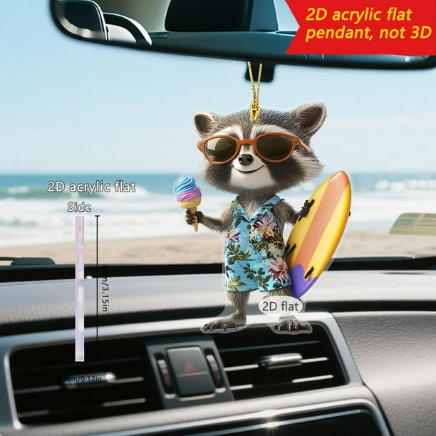 Colgante acrílico de mapache de verano de 8 cm | Llavero de vacaciones en la playa impreso en 2D, accesorio para colgar en el coche, mochila o mochila.
