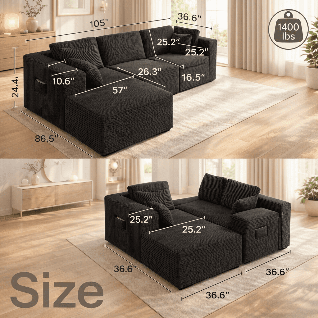105" No-Assembly Modular L-Shaped Sectional Sofa, Comfy Corduroy Deep Seat Cloud Couch with Chaise, Modern Boneless Sofa for Living Room, Bleige
