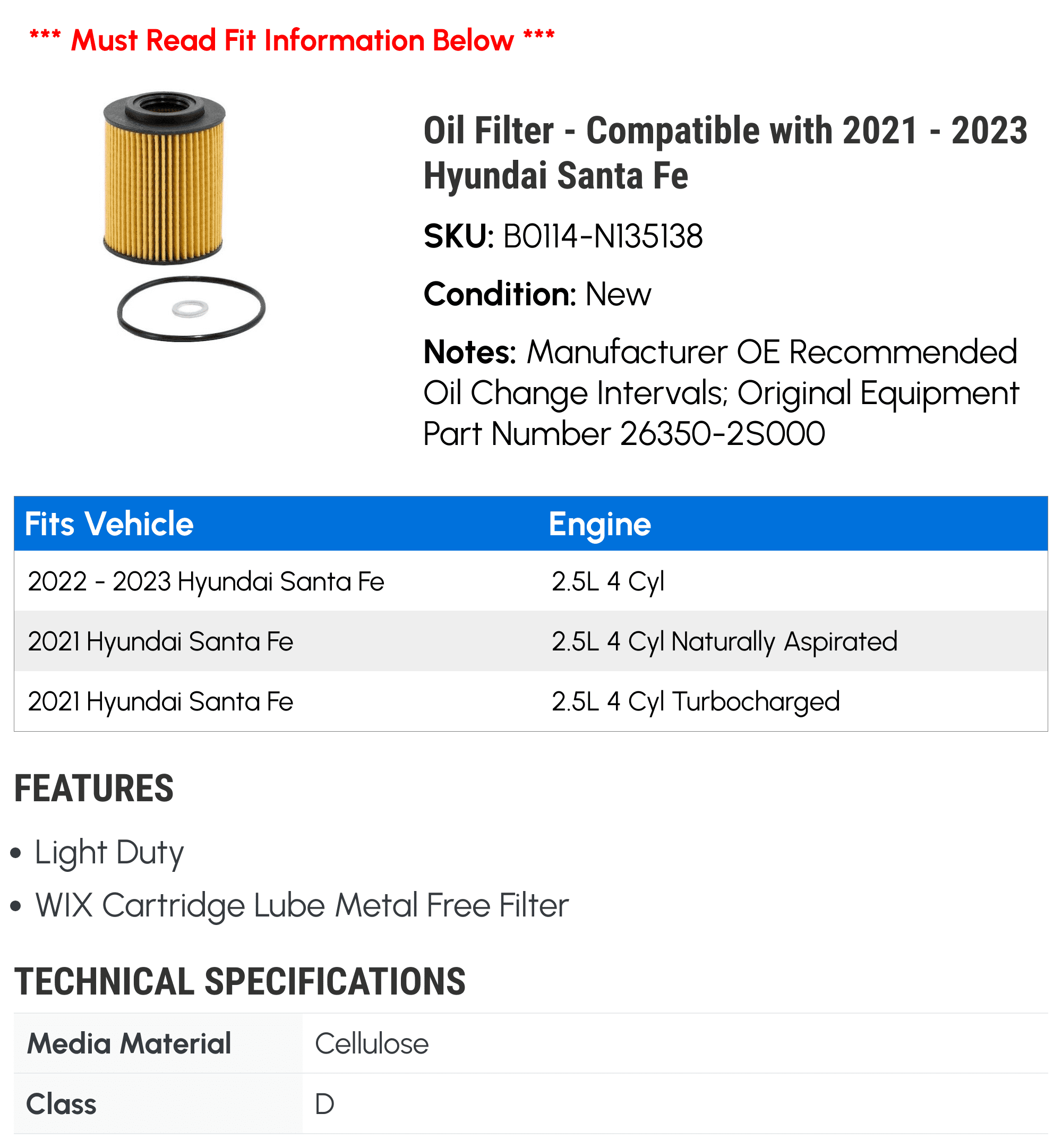 Oil Filter - Compatible with 2021 - 2023 Hyundai Santa Fe 2022