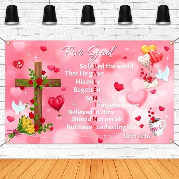 Valentine's Day Backdrop Christian for God John 3:16 Happy Valentines Day Photography Background Pink Love for Church Couples Party Decorations Banner Photo Booth Props