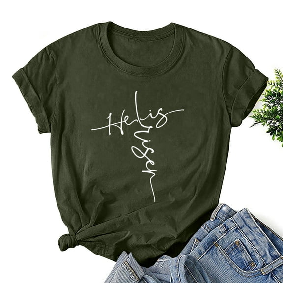 HOMBOM Easter Shirts For Women 2024 Army Green Short Sleeve T-shirts Happy Easter Round Neck Casual Tops XL