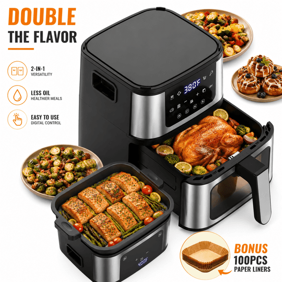 7.5QT Air Fryer with Grill Plate, 8 Preset Modes, Digital LCD Control, 360° Hot Air Circulation, Nonstick Detachable Basket, 92% Less Oil Cooking, 100 Free Air Fryer Liners Included