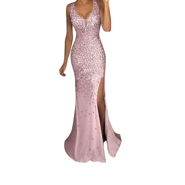 Minnieouse Vestido de noche Traje de fiesta Ropa festiva Off Sirena Brillo Sin mangas Ropa de dama Lavable Hermoso Atractivo Prendas y trajes de cuerpo completo Rosa L