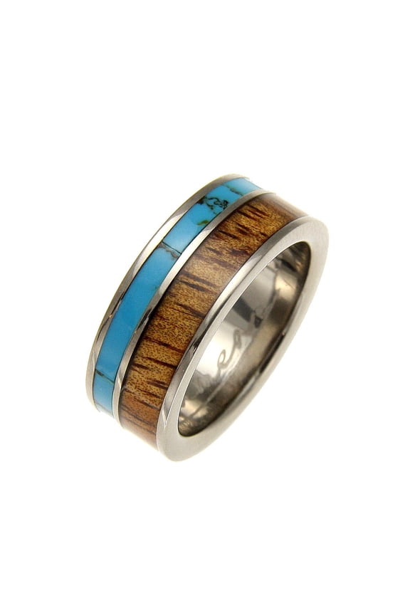Genuine inlay Hawaiian koa wood turquoise band ring titanium 8mm size 11