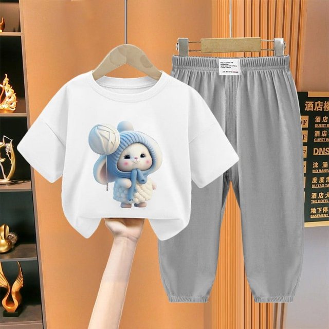 Geire Kids Summer Clothes Set Rabbit Print Short Sleeve T-Shirt and Anti-mosquito Pants 2Pcs Suit for 2-12Y