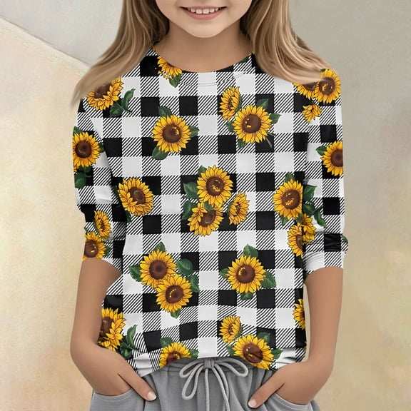 CCRFTGI Cute Tops for Kids Girls Size 10-12 Summer 3/4 Sleeve Sunflower Print Tee Shirts Casual Loose Comdy Big Sister Outfit Crew Neck Shirts White 11-12 Years