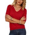 thumbnail image 2 of Garbnen Women Ribbed Shirt Knitted V Neck Half Sleeve Tops for Women Fitted Summer Stretch Basic Women Tunic Sweater Red XXL, 2 of 5