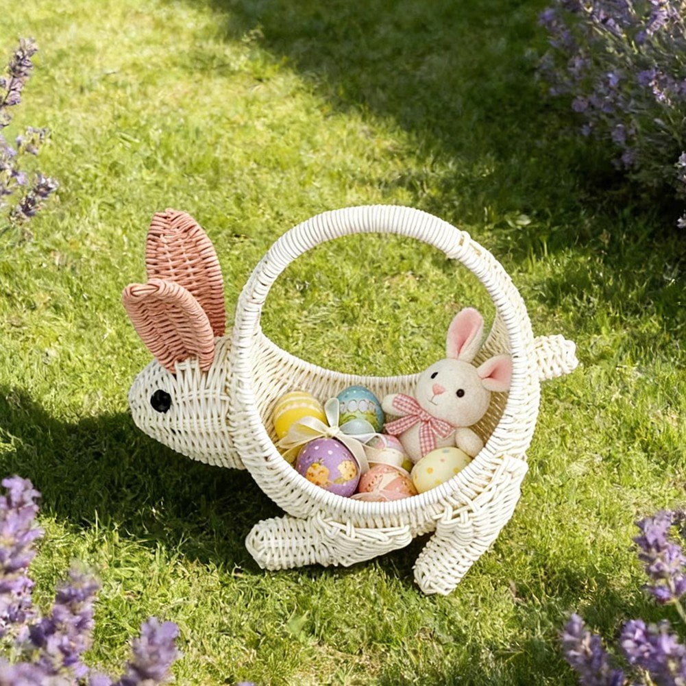 Bunny Shape Woven Basket with Handle Easter Egg Basket Rattan Storage Basket for Fruit Flower Candy and Egg Gathering