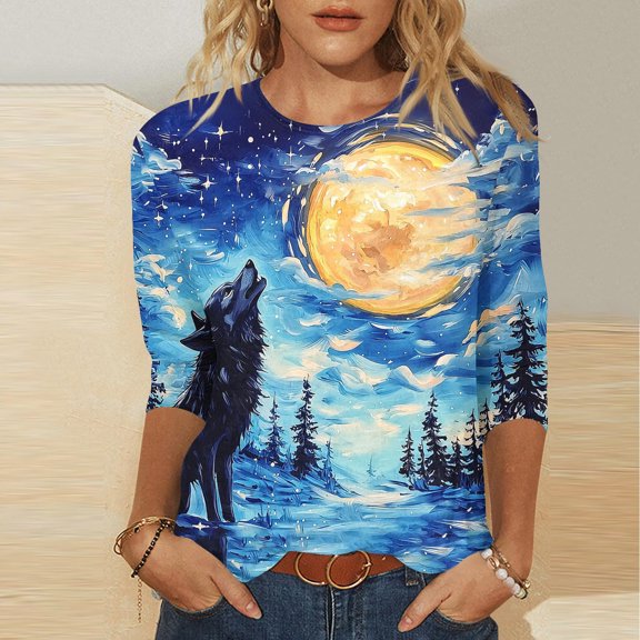 Neewe Fashion Print 3/4 Sleeve Shirts for Women Casual Fall Fashion Crewneck Tunic Tops Work Outfit Blouse