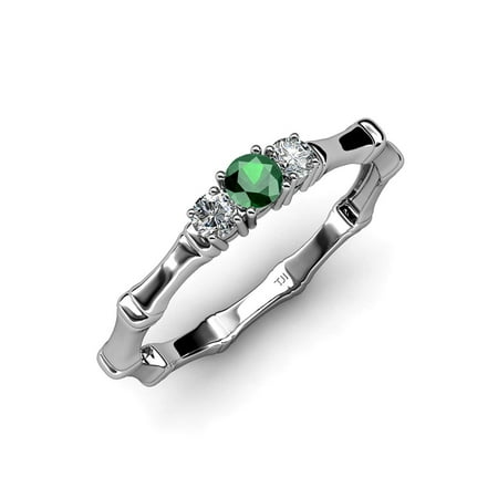 

Emerald with Side Diamond (SI2-I1 G-H) Three Stone Bamboo Ring 0.29 ct tw in 14K White Gold.size 7.0