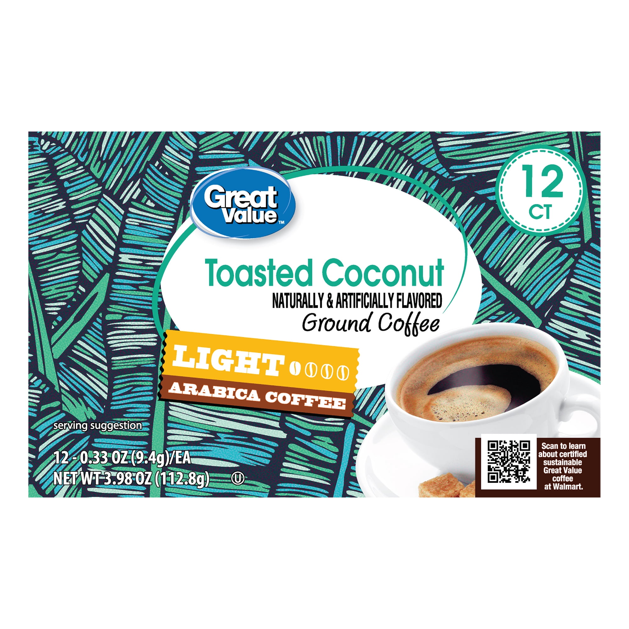 (6 pack) Great Value 100% Arabica Toasted Coconut Light Roast Arabica Coffee Pods, 12 Count