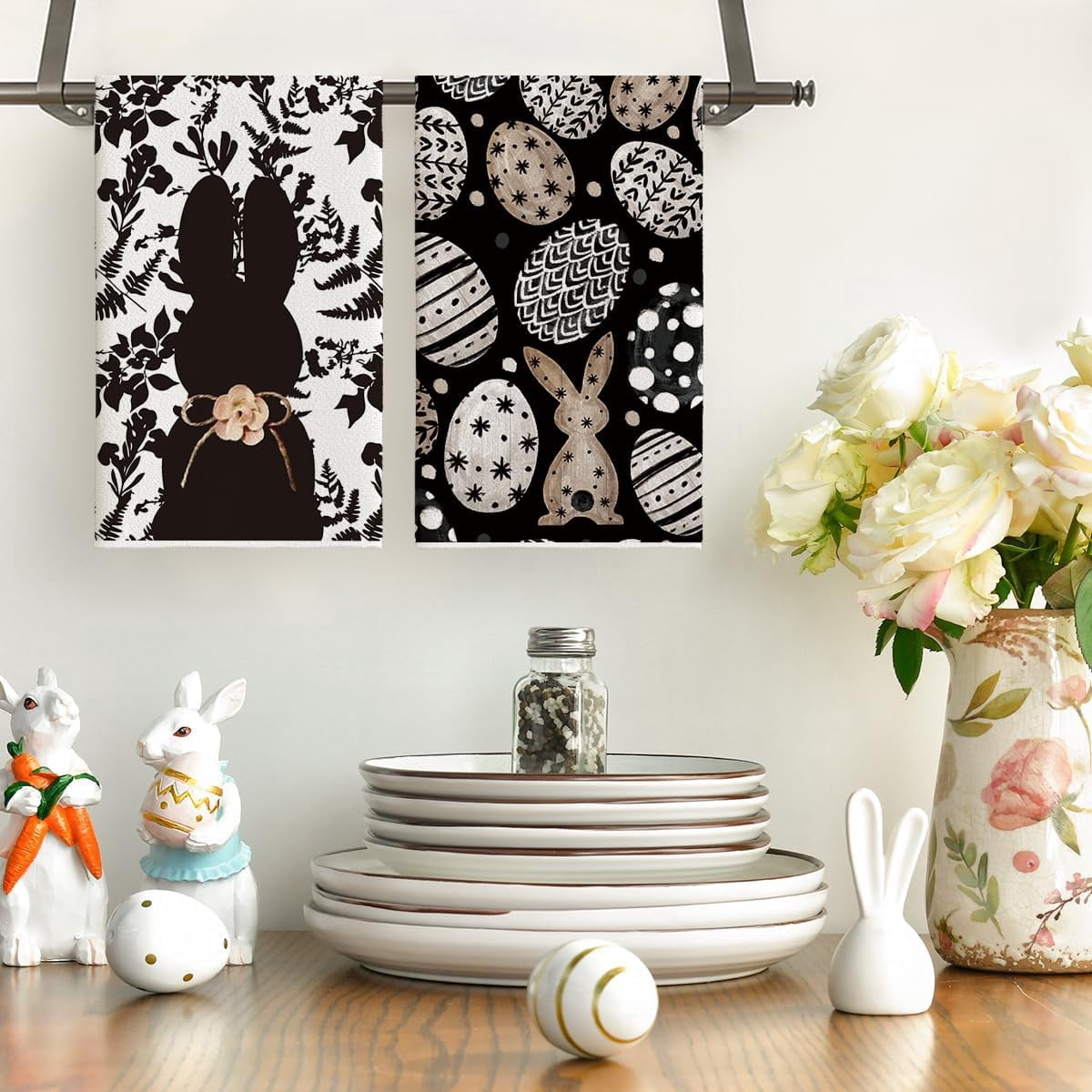 2 Piece 18x26 Inch Black Bunny Egg Kitchen Dish Towel Super Absorbent