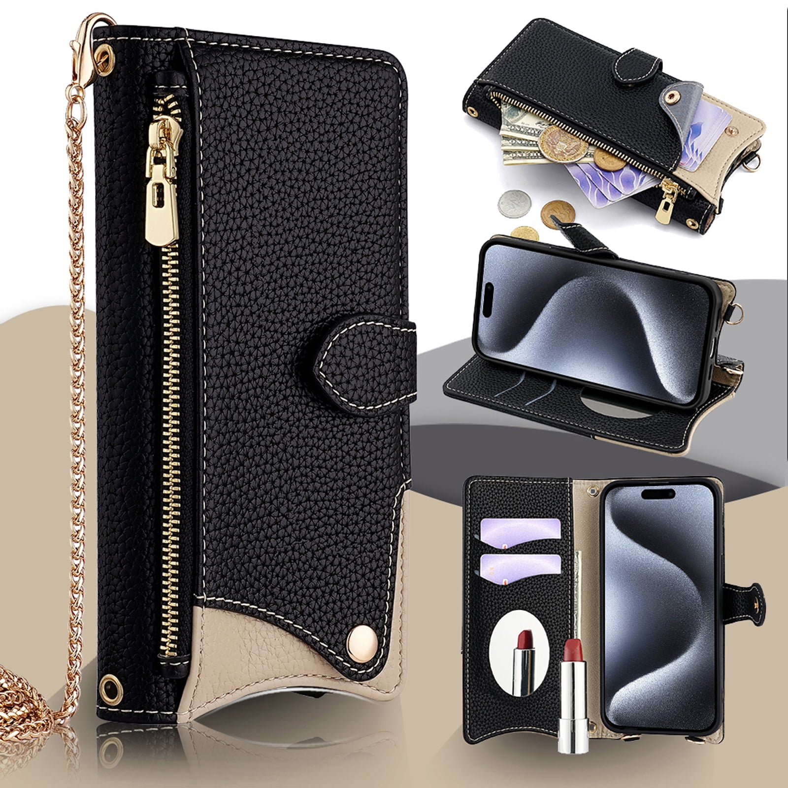 Women Girls Crossbody Strap Flip Wallet Zipper Phone Case Cover for iPhone 17 Pro Max, with Card Holder Kickstand Soft PU Leather Shoulder Chain Make-up Mirror for iPhone 17 Pro Max, Black
