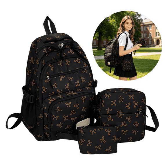 3 PCS Brown Bow Backpack, School Backpack for them, Cute Bow Bookbag for Hers Teens for Elementary Middle High School Student, Back To School