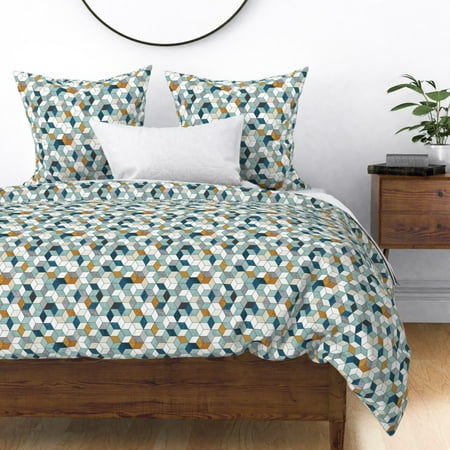Mustard Hexagons Navy Mint Geometric Look Boys Sateen Duvet Cover