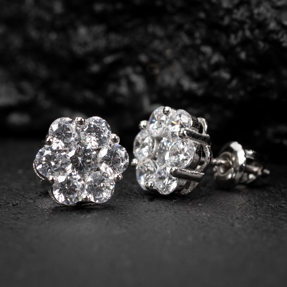 White Gold Plated 925 Sterling Silver Screw Back Post Women’s Men’s Iced CZ Round Flower Cluster Circle Hip Hop  Cubic Zirconia Stud Earrings