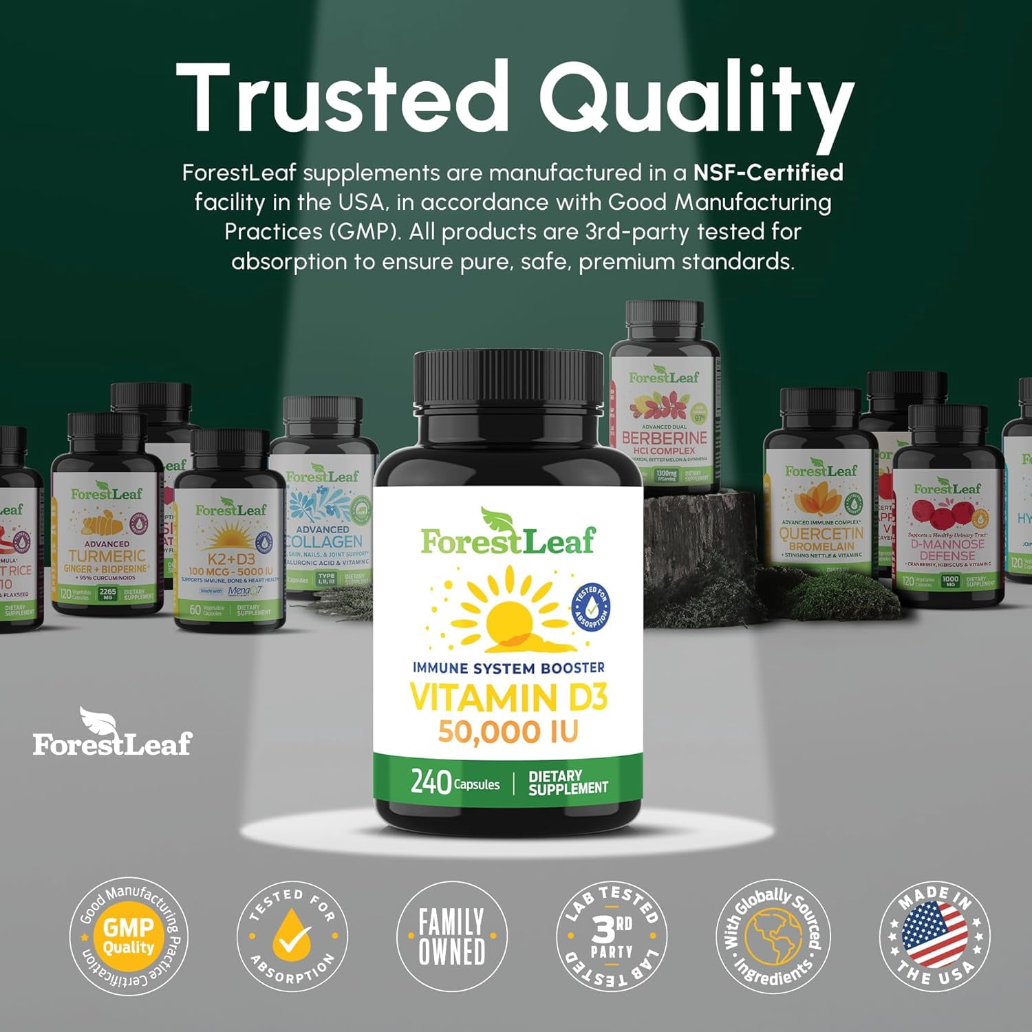 Forest Leaf Vitamin D3 50000 IU Bone Health & Immune Support Supplement, 240 Capsules