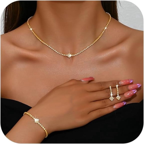 Rhinestone Bridal Wedding Jewelry Set for Women Dainty Sparkly Crystal Statement Choker Necklace Earrings Bracelet Set-gold-