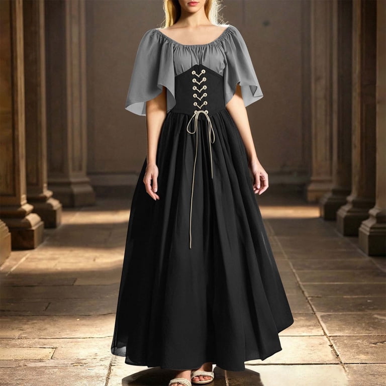Womens Plus Size Victorian Corset Dress Off Shoulder Patchwork Ball Gown Vintage Renaissance Court Evening Prom Gown