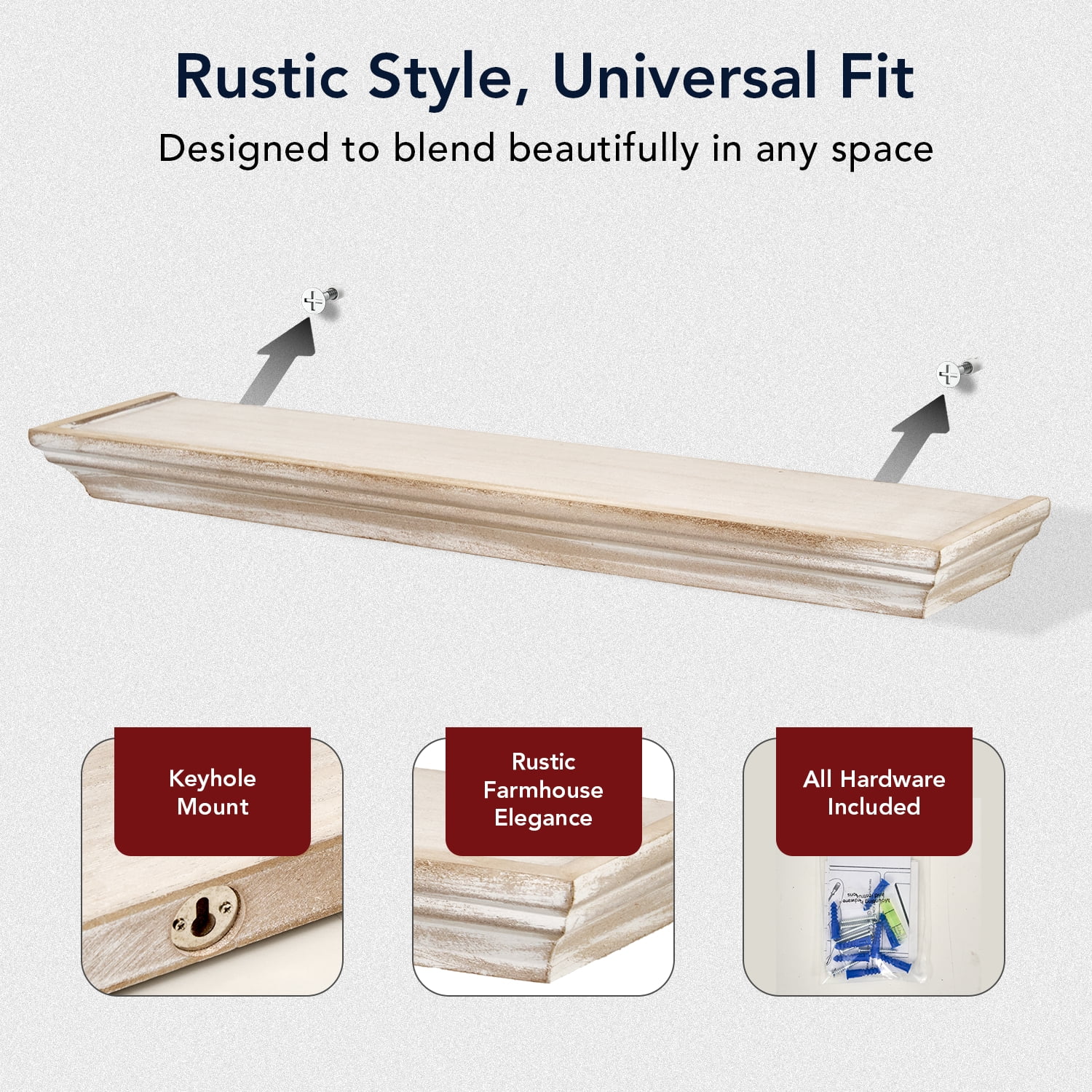 American Art Decor Whitewashed Wood Floating Wall Shelves with Crown Molding - White - Set of 4