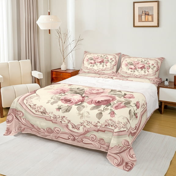 Manfei Girls Pink Rose Twin Sheet Sets, Anniversary Flower Floral Twin Fitted Sheet, Western Bohemian Mandala Flat Sheet, Ultra Soft Home Decor, 3-Piece