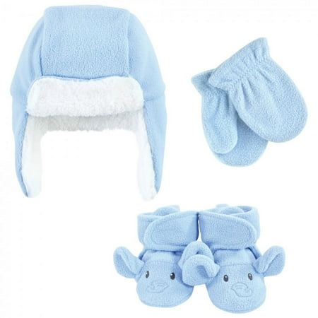 UPC: 0660168593952 | Hudson Baby Unisex Baby Trapper Hat  Mitten and Bootie Set  Blue Elephant  12-18 Months
