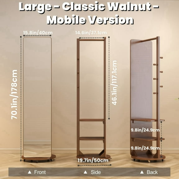 Shining Space Entryway Furniture Walnut Movable Dressing Mirror With Integrated Clothes Rack Solid Wood Full-Length Mirror Bedroom Floor Mirror
