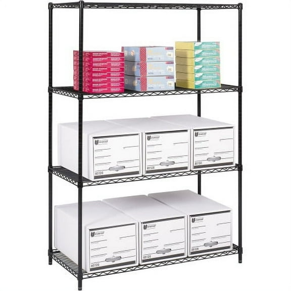 Safco Industrial Wire Shelving 48" x 24" x 72" - 4 x Shelf(ves) - 3200 lb Load Capacity - Adjustable Glide, Durable - Black - Powder Coated - Steel - Assembly Required