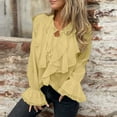 thumbnail image 5 of Lenpel Women's Chiffon Tops Bell Long Sleeve Tie Front Collared Ruffle Trim Layered Button down Shirts Dressy Casual Blouses(Yellow,Medium), 5 of 7