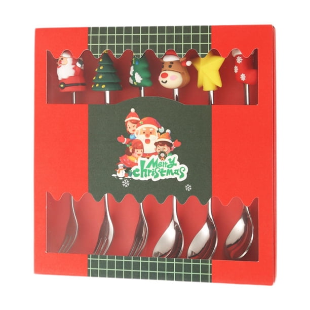 Juego de cuchara y tenedor navideños Vajilla navideña Cucharas de postre Acero inoxidable Caja roja de plata