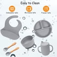 thumbnail image 4 of 6pcs Baby Feeding Set, Silicone Baby Plates Feeding Supplies Included Suction Bowl and Divided Toddler Plate, Baby Spoon, Fork, Bib, Sippy Cup with Straw and Lid, Food Grade BPA Free, Gray, 4 of 7