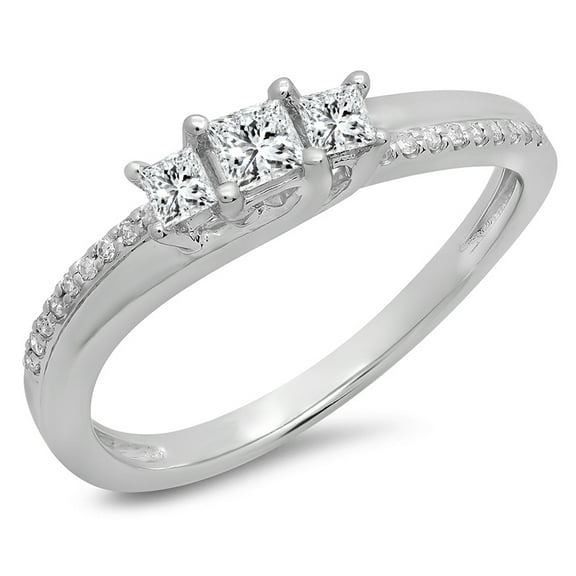 Dazzlingrock Collection 0.35 Carat (ctw) 14K Princess & Round White Diamond 3 Stone Wave Engagement Ring, White Gold, Size 5