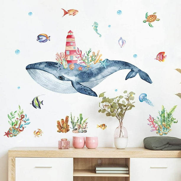 Watercolor Underwater Whale Castle Bedroom Wall Decor Peel & Stick Whale  Wall Art Sticker Decals Under The Sea Fish Wall Decor Sea Animal for Boys  Bedroom Playroom Bathroom Decor 