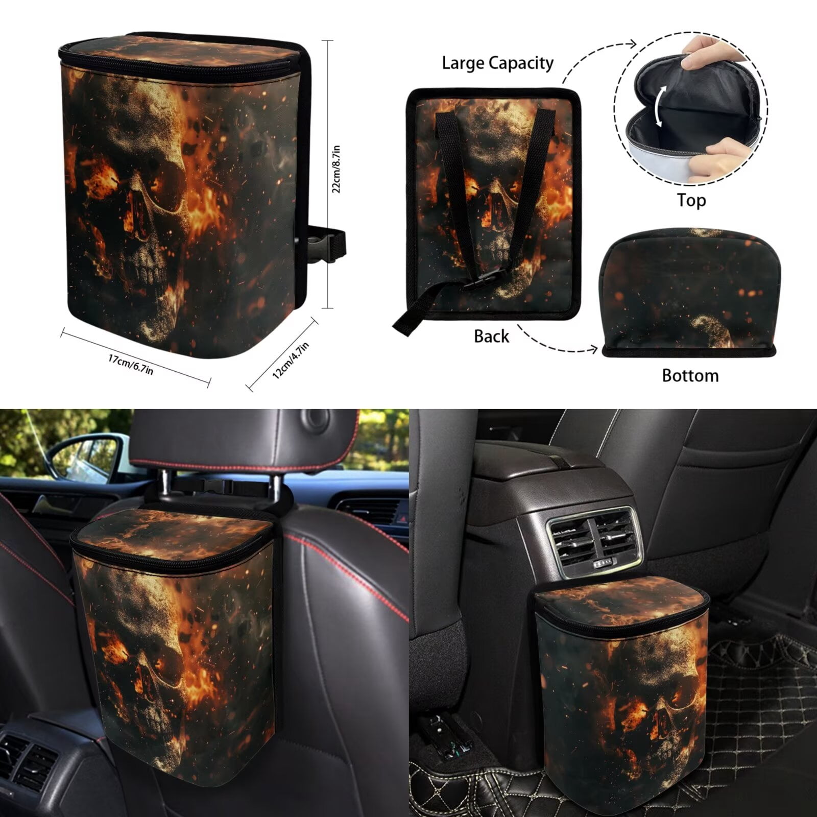 Chririnla Flame Skull Car Seat Cover Full Set for Women Men Soft Car Seats Covers for Front Rear 14Pcs Sets with Coasters, Gear Shift Cover, Steering Wheel Cushion Vehicle Interior Decoration