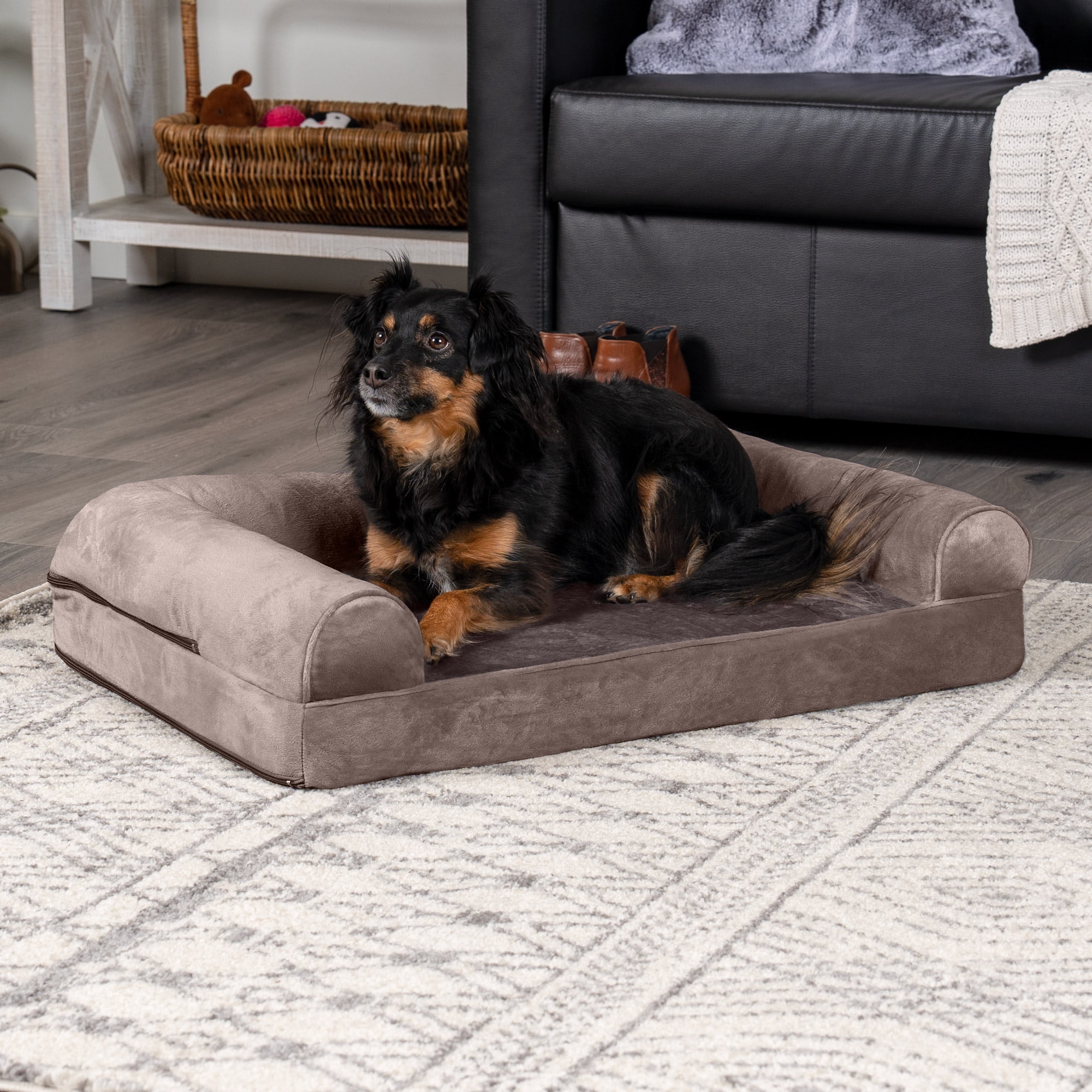 FurHaven Pet Products Faux Fur & Velvet Orthopedic Sofa Pet Bed for Dogs & Cats - Driftwood Brown, Medium