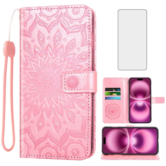 Compatible with iPhone 16 Plus 6.7 inch Wallet Phone Case and Tempered Glass Screen Protector Flip Credit Card Holder Stand Mandala Flower Cell Cover for i Phone16 16  i16   16Plus Women Men Pink