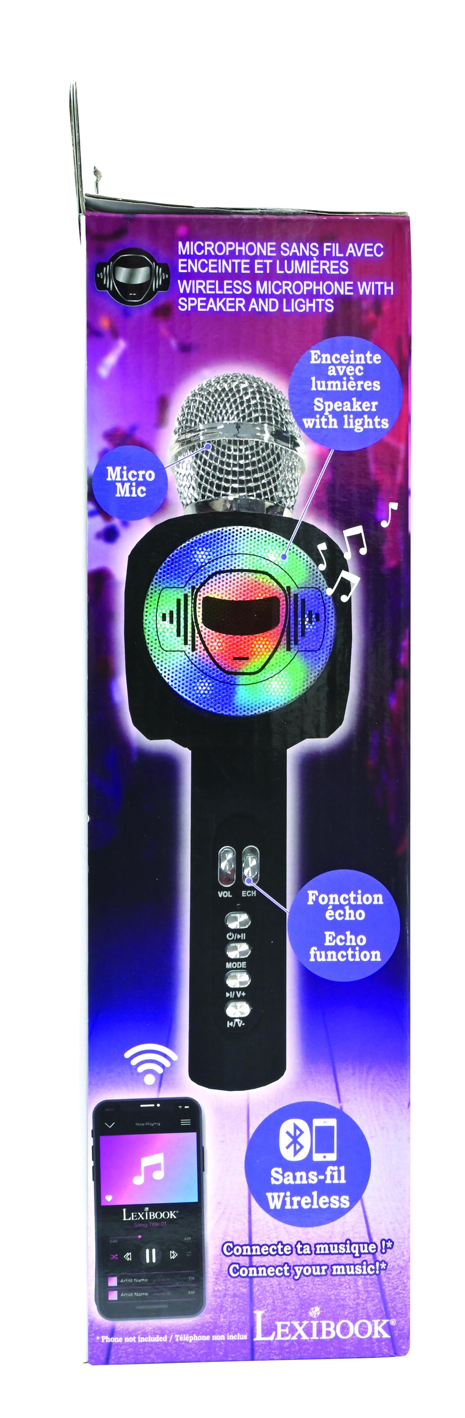 Lexibook Wireless Microphone with Speaker, Lights and Voice Changer, Bluetooth, USB, Micro SD, Black/Silver