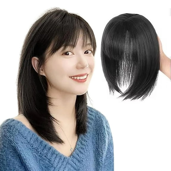 Make Hair Thicker Instantly-Air Bangs Hair Piece, Confideint/Curetoaway Clip in Bangs Real Human Hair, Clip On Bangs for Women, Receding Hairline Band Women, Fake Bangs(Black-25cm/9.84in)