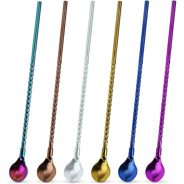 6 cucharas de mango largo, cuchara de té helado de 9 pulgadas, cuchara de helado, cucharas para agitar cócteles, cuchara de paja reutilizable de acero inoxidable para bebidas frías
