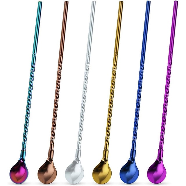 6 cucharas de mango largo, cuchara de té helado de 9 pulgadas, cuchara de helado, cucharas para agitar cócteles, cuchara de paja reutilizable de acero inoxidable para bebidas frías