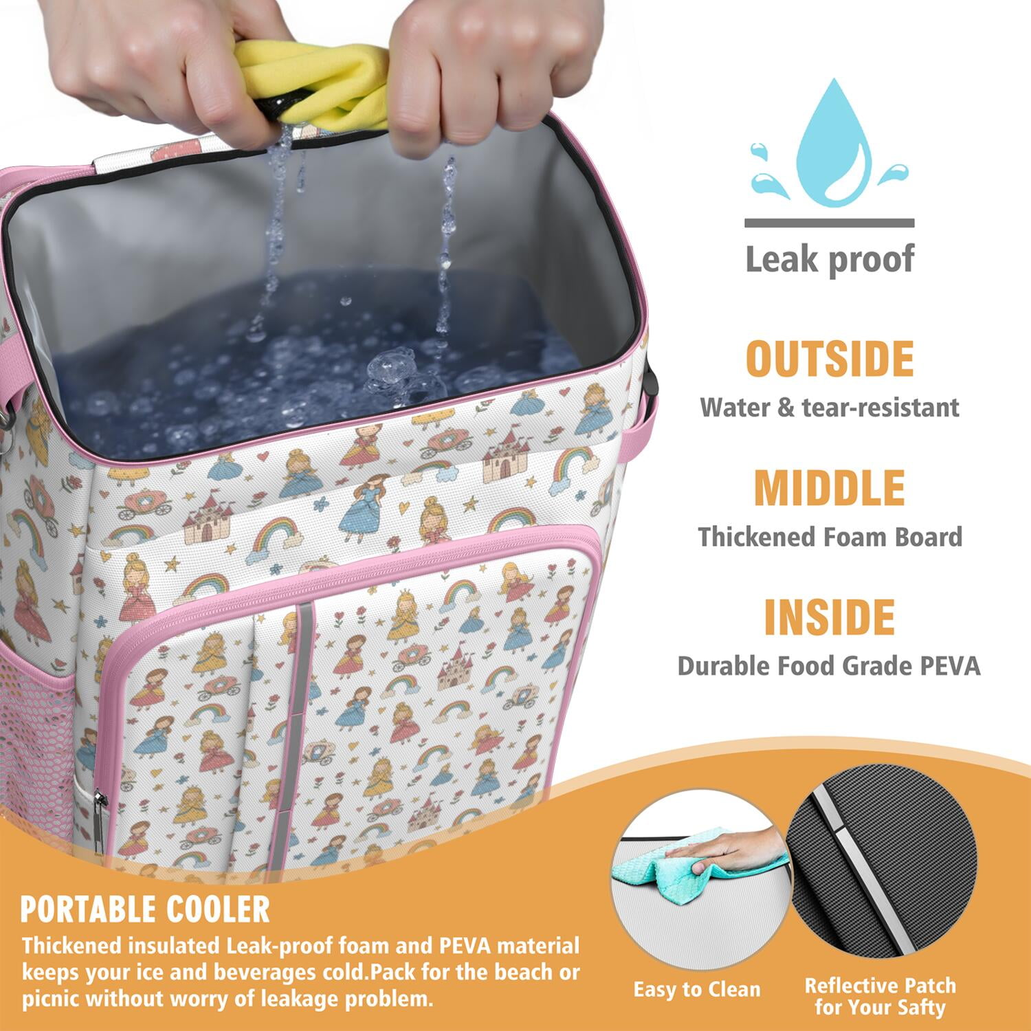 Travel Cooler Bag - White Princess Castle Pattern Camping Beer Cooler Backpack with Bottle Opener- Waterproof Insulated Picnic Backpacks - Cooler Bag for Beach