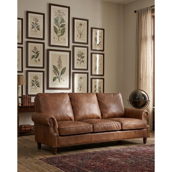 Crafters and Weavers English Rolled Arm Sofa in Bark Brown Leather