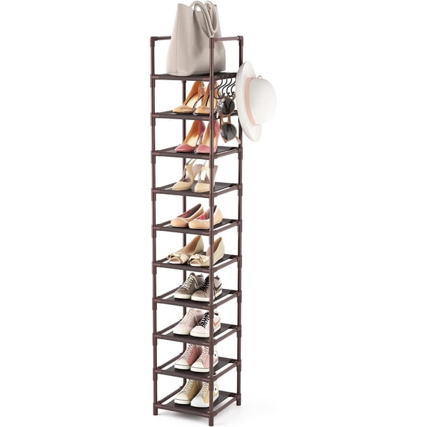 Estante alto para zapatos de 10 niveles estrecho para 10 a 15 pares de zapatos y botas, organizador de zapatos resistente para ahorrar espacio, para clóset, entrada, sala de estar, café,Marrón