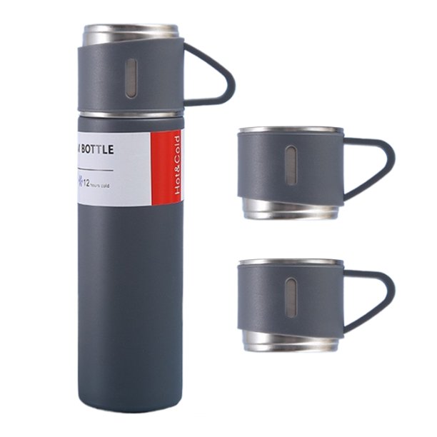 Frasco de agua con botella aislada al vacío de 500ML con 3 tazas de acero inoxidable para viajes